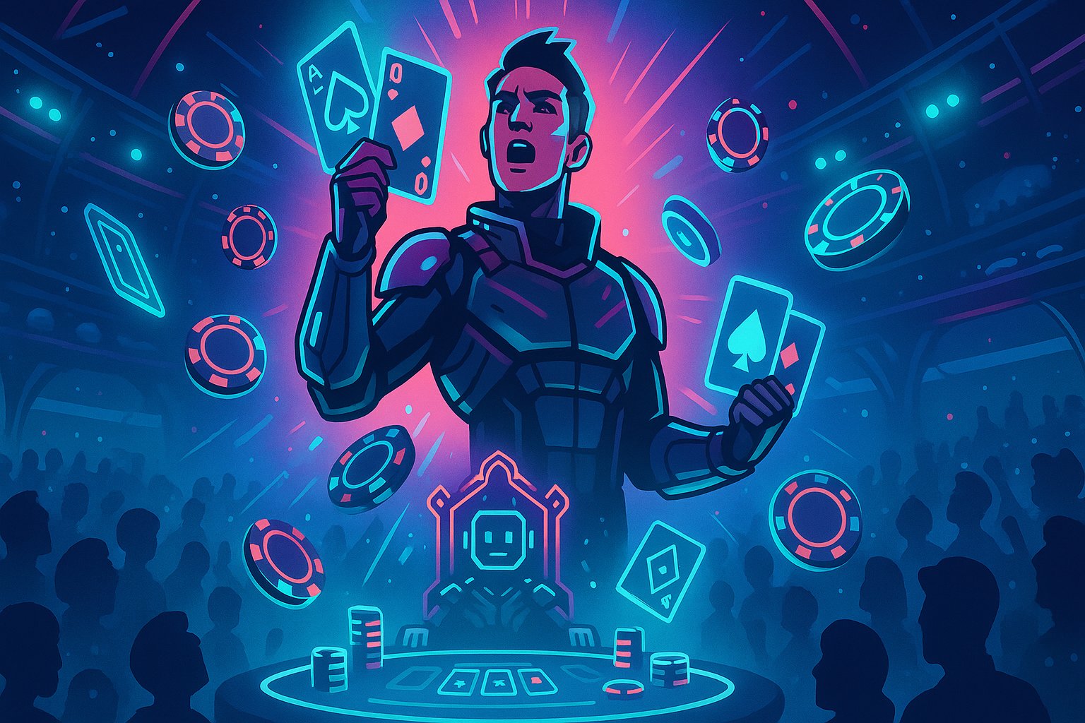 Ilustrasi permainan slot online dengan tema neon warna pink